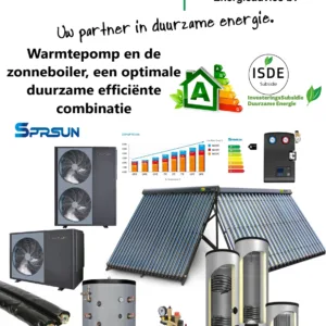 Hybride combipakket met warmtepomp, warmtepompboiler & zonneboilersysteem 500L 1X24CPC Netto investering na subsidie: €3348,-