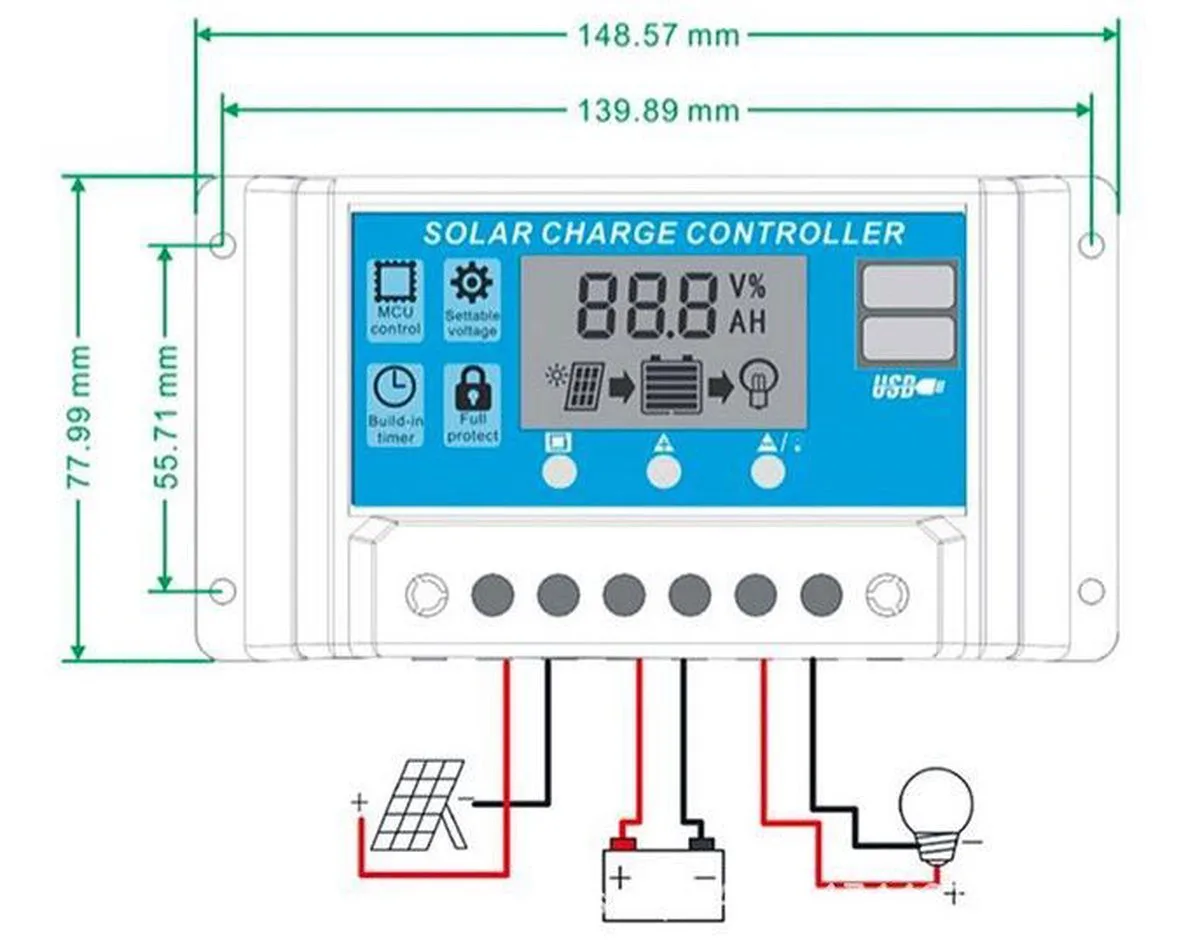 Solar laadregelaar met LCD en 5V USB 10A DC 12V /24V PWM - Afbeelding 2