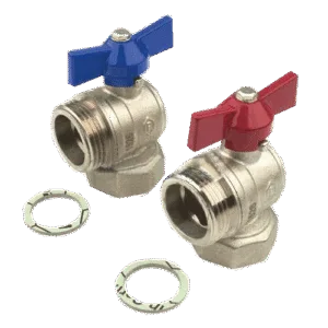 Henco kogelkranen set haaks 1" binnendraad / buitendraad met wartelmoer, blauw rood