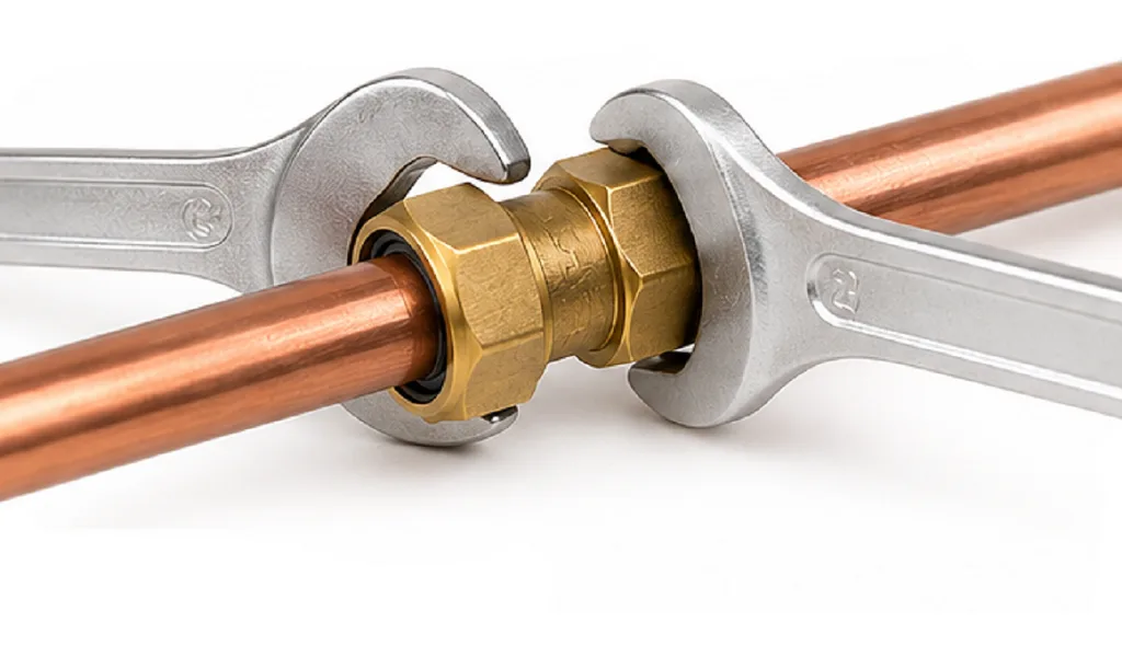 Stap 5 – Wartelmoer van een messing knelfitting met twee sleutels aandraaien