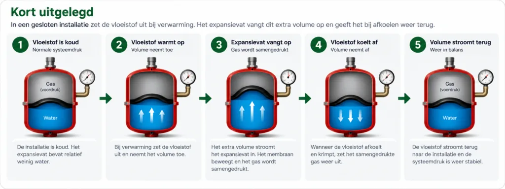 Stapsgewijze uitleg van de werking van een expansievat tijdens opwarmen en afkoelen