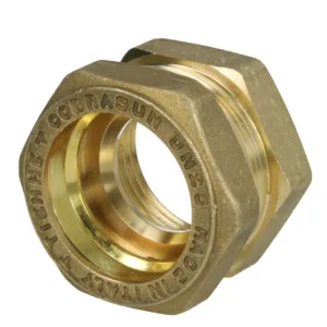 Messing ribbelbuis schroefverbinding DN25 met 1 inch binnendraad, tekst “COBRASUN DN25 MADE IN ITALY” zichtbaar op de rand.